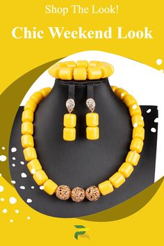 Elevate your look with our African Beaded Jewelry Set, the perfect fashionable earrings set for a Chic weekend style. These cute weekend jewelry pieces are ideal weekend style accessories, adding an effortlessly Chic outfit touch. Embrace edgy fashion with this stylish jewelry for women, perfect for trendy outfits for women and weekend style jewelry sets. Party Beaded Necklaces With Polished Beads, Elegant Yellow Beaded Bracelets With Gold Beads, Elegant Yellow Beaded Bracelet With Gold Beads, Jewelry Sets With Round Beads For Celebrations, Handmade Yellow Beads For Party, Elegant Yellow Polished Beaded Bracelets, Elegant Yellow Beaded Bracelet With Faceted Beads, Wedding Beaded Bracelets With Gold Beads, Elegant Formal Gold Beads