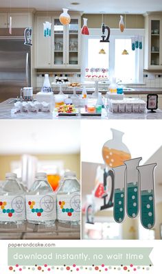 the kitchen is decorated with colorful decorations and bottles for science themed birthday party food ideas