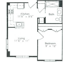 the floor plan for a one bedroom apartment with an attached kitchen and living room area