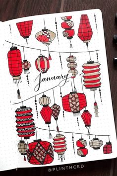 a notebook with some red lanterns on it