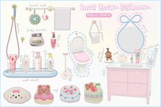 a bathroom scene with various items on the wall