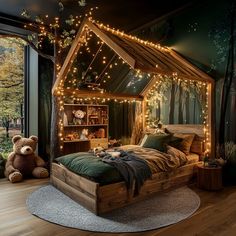 a bed room with a large window and a teddy bear