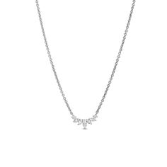 A delightful addition to any attire, this dainty diamond necklace design brings a touch of sparkle. 10K white gold Five marquise-cut diamonds flanked by round diamonds create the curved display 1/5 ct. t.w. of diamonds 16.0- to 18.0-inch adjustable cable chain necklace; lobster claw clasp Timeless Silver Marquise Diamond Necklace, Classic White Gold Diamond Necklace With Rose Cut Diamonds, Classic White Gold Diamond Necklace With Rose Cut, Classic Platinum Necklace With Rose Cut Diamonds, Platinum Marquise Necklace For Anniversary, Diamond White Platinum Necklace With Rose Cut Diamonds, Fine Jewelry Marquise Platinum Necklace, Platinum Diamond Necklace With Rose Cut Diamonds, Marquise Platinum Necklace Fine Jewelry