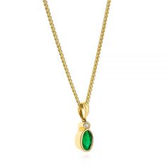 106030 14k Yellow Gold Pendant   1 Emerald - .44 ctw   1 Diamond - .03 ctw   Clarity: SI, Color: I   Chain 18''. This gorgeous pendant features an oval emerald gemstone with a small diamond accent placed in a yellow gold bezel setting. Classic Yellow Gold Emerald Necklace With Oval Pendant, Classic Oval Emerald Birthstone Necklace, Formal Oval Pendant Emerald Birthstone Necklace, Yellow Gold Oval May Birthstone Necklace, Formal Oval Pendant Emerald Necklace As Birthstone, Formal Emerald Oval Pendant Birthstone Necklace, Formal Emerald Oval Pendant Necklace Birthstone, Formal Oval Pendant Emerald Necklace, Oval May Birthstone Necklace