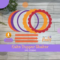 the cake topper shaker svg bundle is displayed on a wooden background with circles and dots