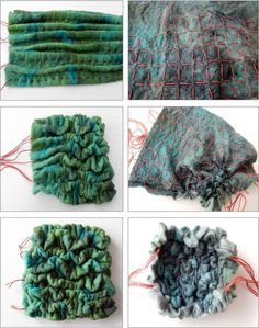 several pictures of different types of yarns on a white surface, including blue and green