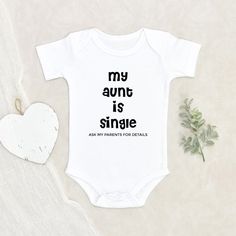 Funny Text About Aunt Baby Onesie Baby Shower Gift My Aunt is Single Baby Onesie Funny Baby Clothes Auntie Baby Onesie HOW TO ORDER:1) Choose onesie2) Select design color if applicable3) Enter customization in “Add your personalization” field4) ADD TO CART5) Select from our shipping class optionsONESIE SIZES0-3 Months :: 21-24 in. / 6-12 Ibs.3-6 Months :: 24-26 in. / 12-16 Ibs.6-9 Months :: 26-28 in. / 16-20 Ibs.12 Months :: 28-30 in. / 20-24 Ibs.PERSONALIZATIONIF the item includes personalizati Funny Onesie Ideas, White Onesie For First Birthday On Mother's Day, Mother's Day White Onesie With Letter Print, Funny Aunt Onesie, Baby Onsies Funny, Auntie Baby Clothes, Motherhood Aesthetic, Aunt Baby Clothes, Aunt Onesie