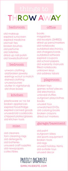 A great list of items to recycle, donate, or throw away, that will help you get organized!! Easy Home Organization, Organizing Hacks, Organisation Hacks, Home Organisation, Organize Declutter, Moving Tips, Book Book, Home Organization Hacks, Cleaning Checklist