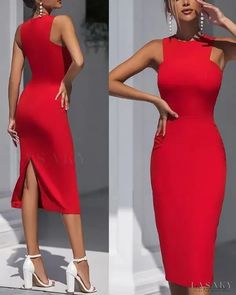 Lasaky - Plain sleeveless slim midi dress Fitted Luxury Sleeveless Dress For Date Night, Cheap Elegant Fitted Sleeveless Dress, Fitted Midi Dress, Chic Type, Indian Home, Home Wear, Dress Home, Red Midi Dress, Trend Fashion