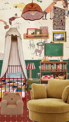 a child's room with a bed, chair and bookshelf on the wall