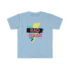 "This totally tubular Rad Dad shirt is perfect for dads who love the 80s or 90s. The retro graphic style and Rad Dad text makes a perfect gift for father's day or dad's birthday! We also have a matching \"Rad Like Dad\" kids tee! Makes a great combo gift. https://www.etsy.com/listing/1028775701/rad-like-dad-kids-shirt-retro-90s-kids The unisex soft-style t-shirt puts a new spin on casual comfort. .: 100% Cotton (fiber content may vary for different colors) .: Light fabric (4.5 oz/yd² (153 g/m .: Retro Cotton T-shirt For Father's Day, Graphic Print Streetwear Tops, Retro Graphic Print T-shirt For Father's Day, Retro Letter Print Tops For Father's Day, Fun Graphic Print T-shirt For Father's Day, Fun Father's Day T-shirt With Graphic Print, Dad's Birthday, Graphic Style, 90s Kids