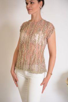 Mia- Heavy Beads Top/ Heavy Beading Top/ Beaded Dusty Pink Top/ Bridal Beaded Top/ Bridal Top/ Luxury Top/ Luxury Tulle Top/ Amazing Blouse Gold Embellished Tops For Reception, Gold Beaded Evening Tops, Glamorous Beaded Tops For Wedding, Beaded Clothes, Dusty Pink Top, Beads Clothes, Beaded Fabric, Tulle Top, Bridal Tops