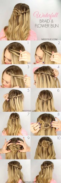 Risos & Risos - Google+ Flower Bun, 2020 Hairstyles, Flower Braids, Hair Indian, Diy Braids, Waterfall Braid, Super Hair, Hair Bangs