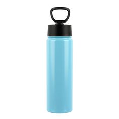 a light blue water bottle with a black lid and an open loop on the top