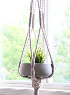 a potted plant hanging from a rope in front of a window