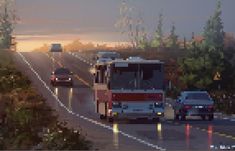 cars and trucks are driving on the road in the evening time as the sun goes down