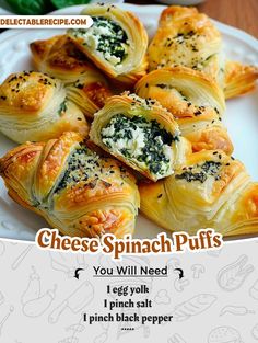 an advertisement for cheese spinach puffs on a plate