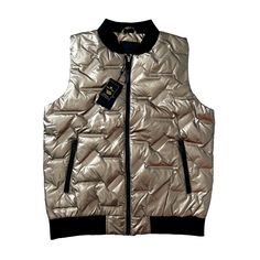 90% Down 10% Feather Rib Collar & Hem Side Zips Lining Polyester Shell 100% Pu Pit To Pit 22" Flat Length 26" Vest Jacket, Mens Jackets, Shoe Accessories, Jackets & Coats, Mens Accessories, Man Shop, Mens Outfits, Collar, Gold