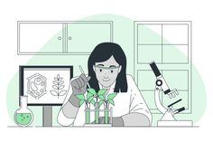 a woman is working in her lab with plants and microscopes on the table next to her