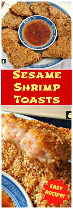 sesame shrimp toasts with dipping sauce on top and another image in the bottom right corner