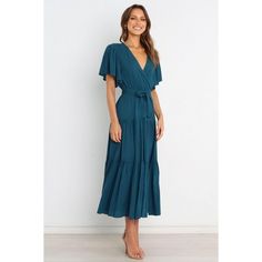 Petal and Pup Barker Dress - Teal S Chic V-neck Wrap Dress For Day Out, Summer Midi V-neck Dress With Tie Waist, Belted V-neck Summer Dress, Chic Short Sleeve V-neck Dress For Brunch, Solid Color Belted V-neck Midi Dress, Belted Midi Dress With V-neck, Chic V-neck Wrap Dress With Ruffles, Elegant Wrap Dress With Ruffle Hem For Brunch, Chic Wrap Dress With V-neck And Ruffles