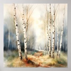 a painting of trees and dirt road in the woods