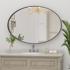 a bathroom vanity with a round mirror above it and a potted plant on the counter