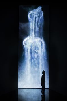 a person standing in front of a large painting with water coming out of it's back