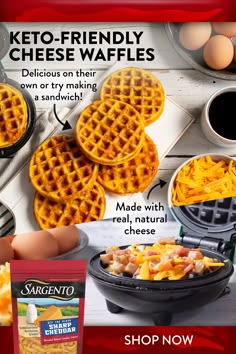 an advertisement with waffles and eggs on it