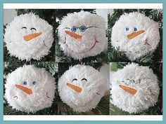 four pictures of snowmen with blue eyes and orange beaks on their faces, one in the process of making an ornament