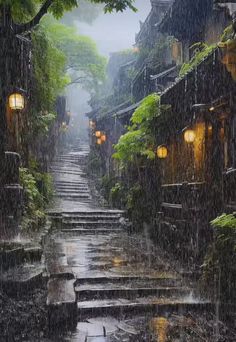 an image of a rainy street scene with steps leading up to the light house in the rain