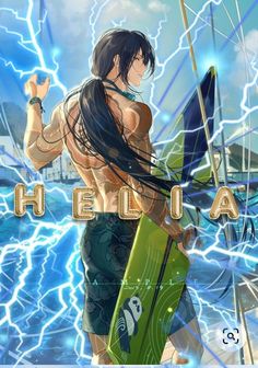 an anime character holding a surfboard in front of a blue background with lightnings