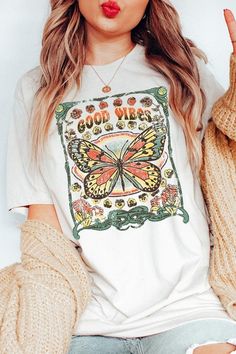 Good Vibes Graphic, Butterfly Graphic Tee, Concert Festival, Butterfly Graphic, Fall Denim, Romper And Jacket, Film Prints, Graphic Design Print, Knitted Coat