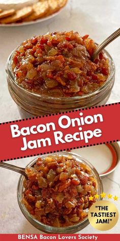 A jar of Bacon Onion Jam with a serving spoon and a Mason jar lid in the background. Bacon Burger Recipes, Bacon Appetizers