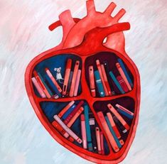 a painting of a heart with books in it