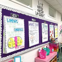 a classroom with purple walls and posters on the wall