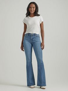 Medium Wash Flares For Spring, Spring Medium Wash Flare Jeans, Denim Blue Cotton Flares, Spring Dark Wash Flare Jeans With Flared Hem, Spring Dark Wash Flared Hem Flare Jeans, Medium Wash Cotton Flare Pants, Medium Wash Cotton Flare Jeans, Medium Wash Cotton Flares, Spring Stretch Medium Wash Flares