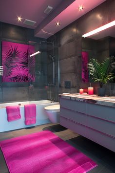 a bathroom with pink rugs on the floor