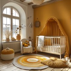 a baby's room with a crib, rocking chair and rugs on the floor