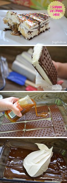 the process of making ice cream sandwiches with chocolate and marshmallows