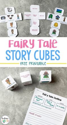 the fairy tale story cubes printable game is shown on a table with other items