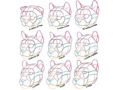 the instructions for how to draw a cat's head with different angles and colors