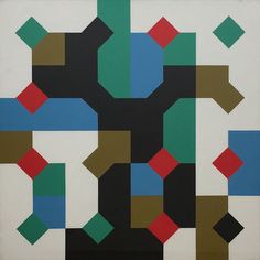 an abstract painting with squares and rectangles in various colors on a white background