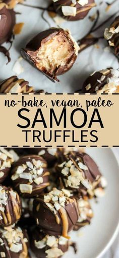 no - bake vegan paleo samoa truffles on a white plate