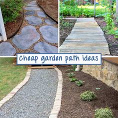 the steps leading to a garden path are made out of stones and wood, with text overlay that reads cheap garden path ideas