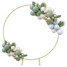 a wreath made out of balloons and greenery on a metal stand with a white background