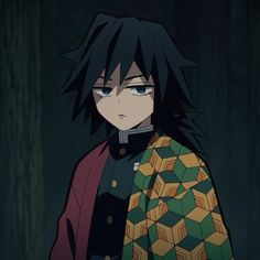 an anime character with long black hair and blue eyes wearing a patterned coat in the dark