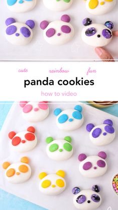 panda cookies are decorated with white icing and colorful candies