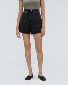 The A-Line Denim Short Storm Black – Everlane Classic Mid-rise Cotton Jean Shorts, Classic High Waist Cotton Jean Shorts, Classic High Rise Cotton Jean Shorts, Modern Bottoms With Zipper Closure For Spring, Chic Cotton Bottoms By Everlane, Chic Everlane Cotton Bottoms, Spring High Waist Bottoms By Everlane, Modern Spring Bottoms With Zipper Closure, High Waist Jean Shorts With Zipper Closure