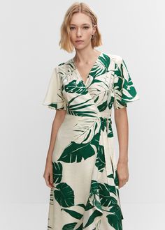 Printed wrap dress with ruffle Chic V-neck Midi Dress With Tropical Print, Summer Viscose V-neck Wrap Dress, Summer Viscose Wrap Dress With Surplice Neckline, Chic Patterned V-neck Dress, Chic V-neck Patterned Midi Dress, Green V-neck Wrap Dress With Tie Waist, Printed Summer Wrap Dress, Summer Printed Wrap Dress, Summer V-neck Printed Wrap Dress